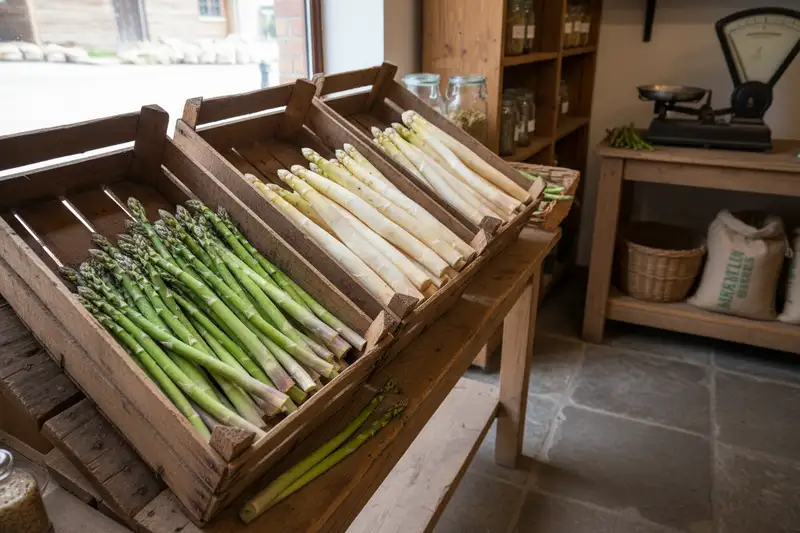 Frisch gestochener Spargel wartet im Hofladen auf Kunden, die letzten Wochen der Saison sind oft preislich attraktiv
