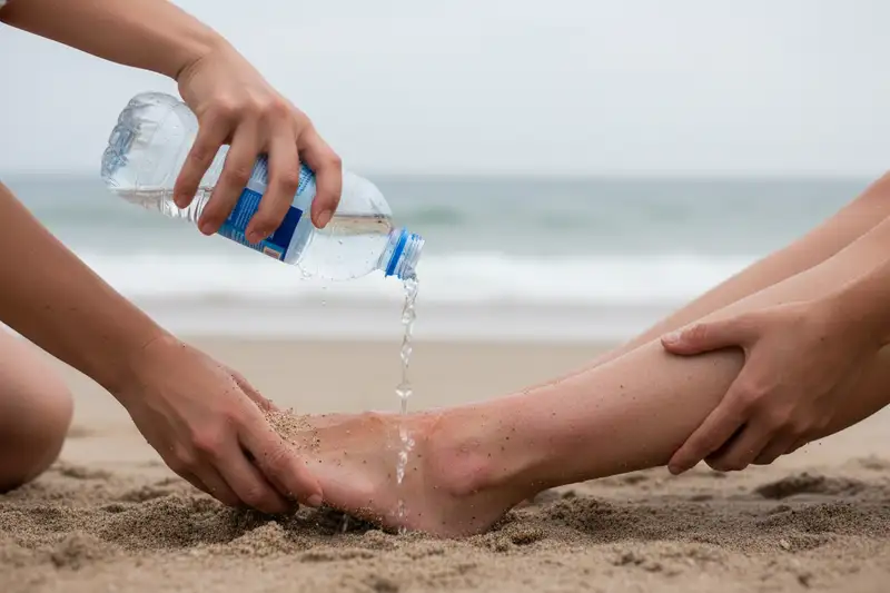 Erste-Hilfe-Maßnahme nach Quallenstich: betroffene Stelle mit Meerwasser spülen, keine Süßwasser-Quelle verwenden
