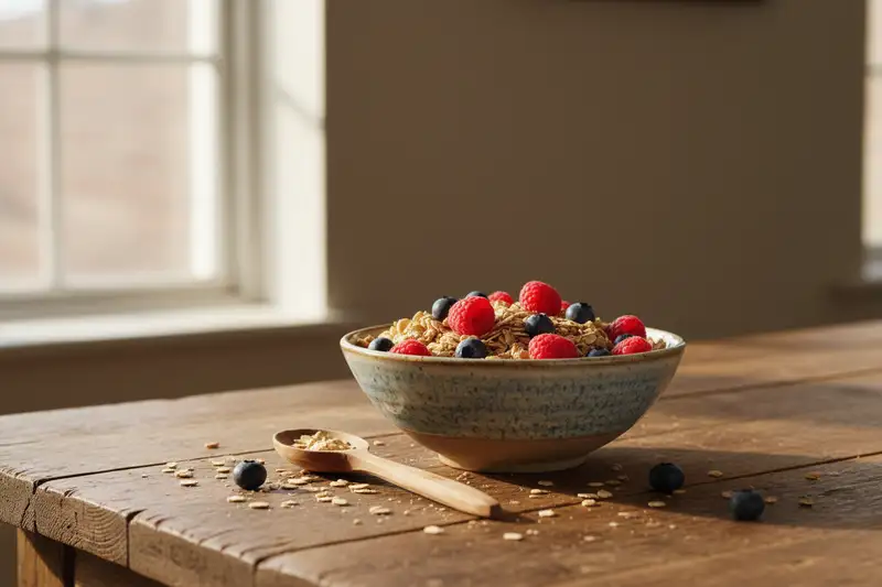 Müslischale mit Beeren: Naturbelassene Lebensmittel sind die wichtigste Strategie gegen zu viel Süße im Alltag.