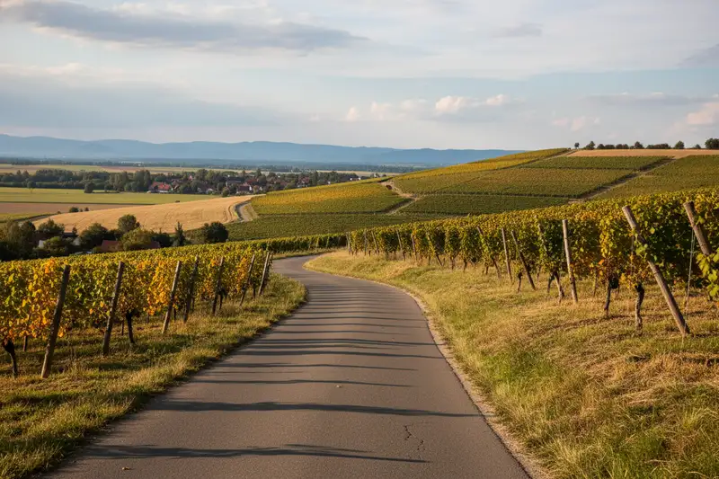 Kurvenreiche Bergstraße durch Weinberge und Hügel, vergleichbar mit der Route, die Bertha Benz 1888 auf ihrer 106-Kilometer-Fahrt nach Pforzheim durchquerte