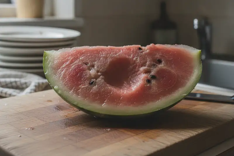Frische Wassermelone riecht neutral bis süß, ein säuerlicher oder gäriger Geruch ist ein klares Zeichen für Gärung und Verderb