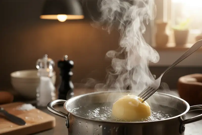 Kartoffeln brauchen je nach Sorte 10 bis 30 Minuten Kochzeit, festkochende Sorten halten dabei besser ihre Form