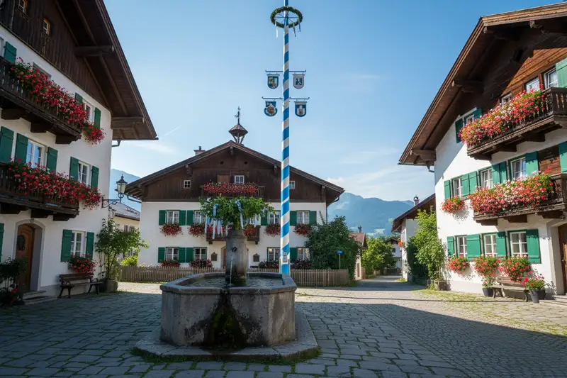 Bayerischer Dorfplatz mit Maibaum und Blumenschmuck im Frühsommer als Schauplatz traditioneller Pfingstbräuche