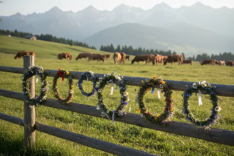 Almwiese mit weidender Rinderherde und Blumenkränzen am Holzzaun als Sinnbild des bayerischen Pfingstauftriebs